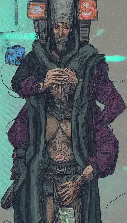 Image similar to a tarot card of the hermit, cyberpunk themed art, concept art