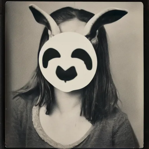 Prompt: polaroid of a girl with a goat mask,