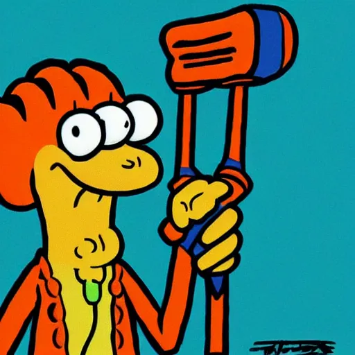 Image similar to squidward with hair, from spongebob squarepants holding a hammer, intricate abstract, cartoon by stephen hillenburg