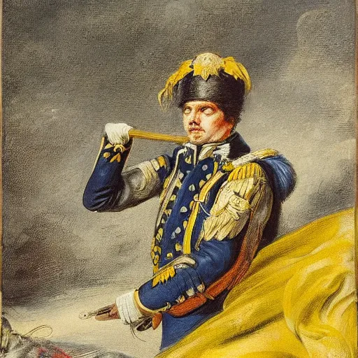 Image similar to Volodymyr Zelensky at war, dressed like Napoleon Bonaparte, sitting on the ground between dead corpses and weeping, holding a half burnt blue and yellow flag of Ukraine, sharp focus, in the style of Peter Paul Rubens