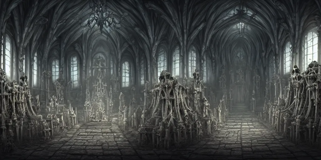 Image similar to low ultrawide interior shot of sedlec ossuary, covered in bones, smooth concept art in anime style mixed with full color fujifilm, dark, foggy, misty, atmospheric, trending on artstation, cgsociety, oil on canvas, denoise, cinematic masterpiece