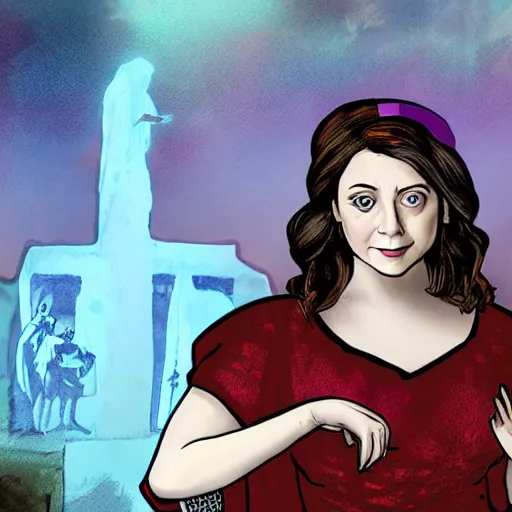 Image similar to rachel bloom as an animated princess looking at a jesus statue covered in bloody severed hands, set in a medieval world, digital art