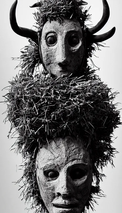 Prompt: portrait of a tyrolean folklore mask, wearing hay coat, with horns, eerie, flowers growing out of his body, detailed intricate insanely detailed octane render, 8k artistic 1920s photography, black and white, grainy, photorealistic, chiaroscuro, by David Cronenberg, Raphael, Caravaggio