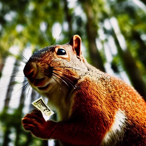 Image similar to film still, gangster squirrel counting his money, low angle, shot from below, worms eye view, low angle!!!!