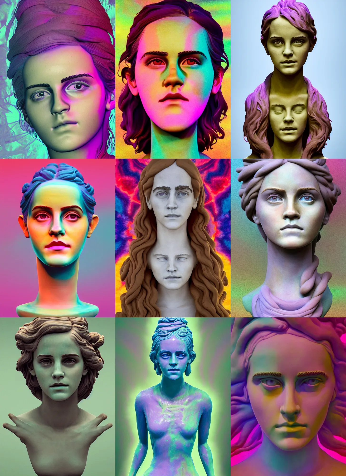 Prompt: clay crafting of Emma Watson by Jean-Baptiste Carpeaux and Luo Li Rong and Michael James Talbot, all body, perfect symmetrical face, colorful, psychedelic psychedelic psychedelic psychedelic acid colors, retrowave ((synthwave)), in full growth, elegant, realistic, 8K, female full-skin figure, hyperrealism, subsurface scattering, raytracing, rim light, Octane Render, Redshift, Zbrush, complex psychedelic glitch background