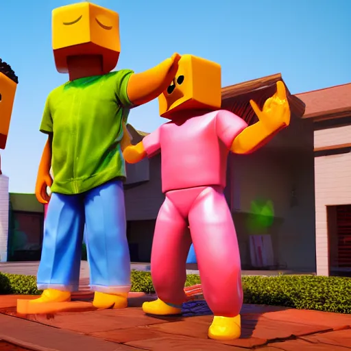 Prompt: highly detailed 3d render of playful kids interacting with roblox figures outside in the sun, box shapes floating all over, bright colors, octane render, insane quality, 8k, 4k, trending, artstation