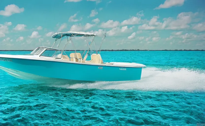 Image similar to photorealistic picture of a scarab 3 8 kv boat driving in turquoise water. miami. 8 0's style