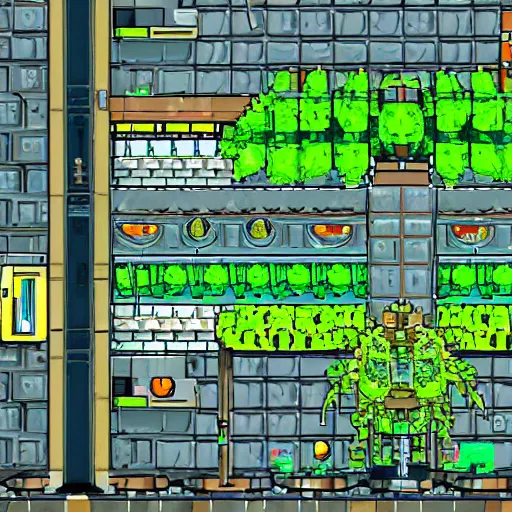 Prompt: hydroponics laboratory in the colony ship travelling to the outer worlds, incredible details :: 2d platformer game screenshot :: plant monster boss fight :: 16 bit pixel art