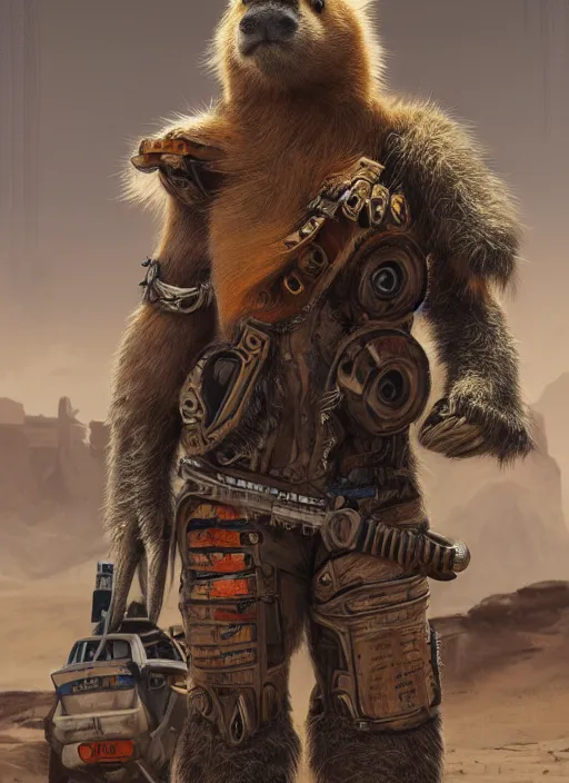 Image similar to detailed full body concept art illustration oil painting of an anthropomorphic capybara mad max in full intricate clothing, biomutant, dystopian, ultra detailed, digital art, octane render