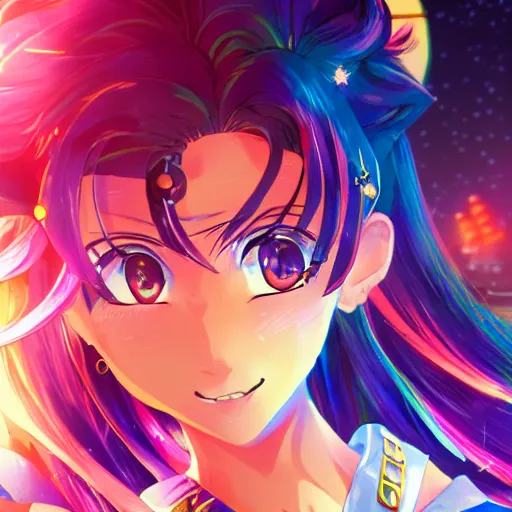 Image similar to portrait of sailor moon, city background, rich vivid colors, ambient lighting, dynamic lighting, 4k, HQ, official media, anime key visual, makoto shinkai, ilya kuvshinov, lois van baarle, rossdraws, detailed, trending on artstation