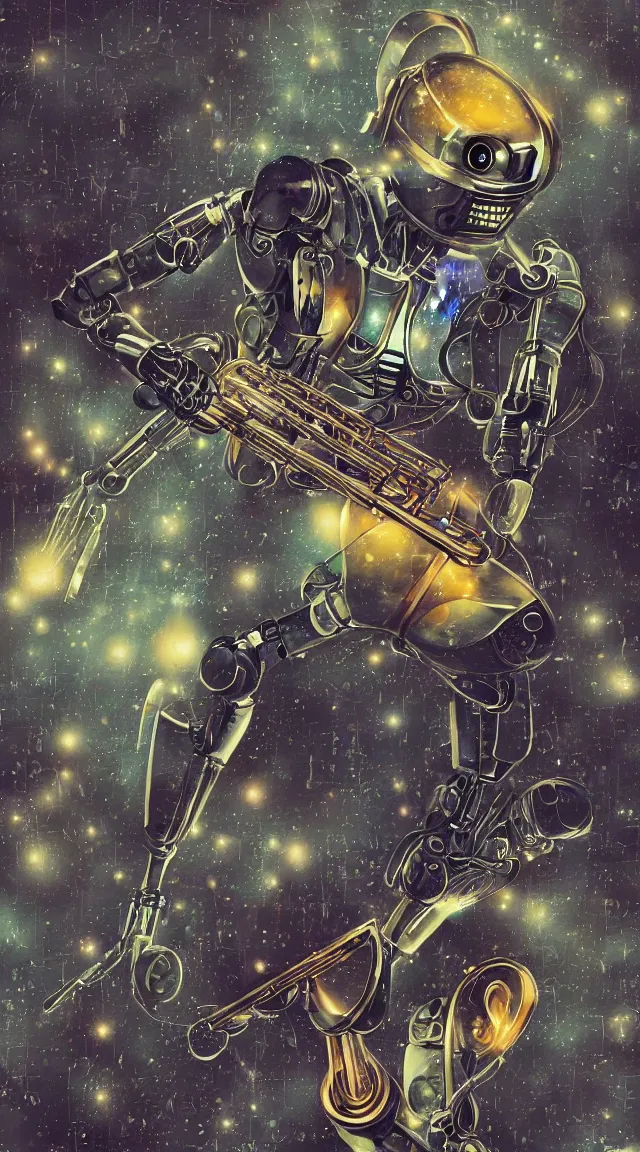 Prompt: jazz, sci fi, music notes, robot, wallpaper, masterpiece, hdr, hyperrealistic