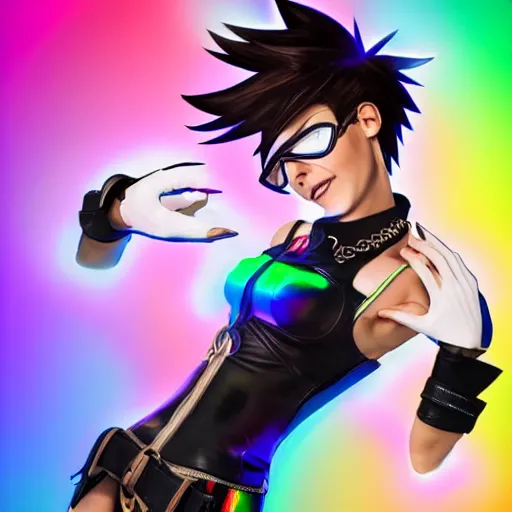 Image similar to full body digital artwork of tracer overwatch, wearing black iridescent rainbow latex tank top, 4 k, expressive happy smug expression, makeup, in style of mark arian, wearing detailed black leather collar, chains, black leather harness, leather cuffs around wrists, detailed face and eyes,