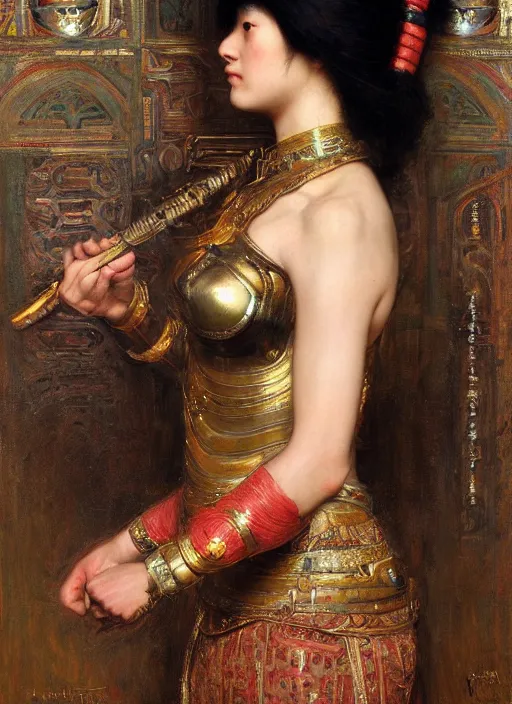 Image similar to beautifull asian queen cyborg with bangs curly Iranian orientalist portrait by john william waterhouse and Edwin Longsden Long and Theodore Ralli and Nasreddine Dinet, oil on canvas. Cinematic, hyper realism, dramatic lighting, high detail 4k