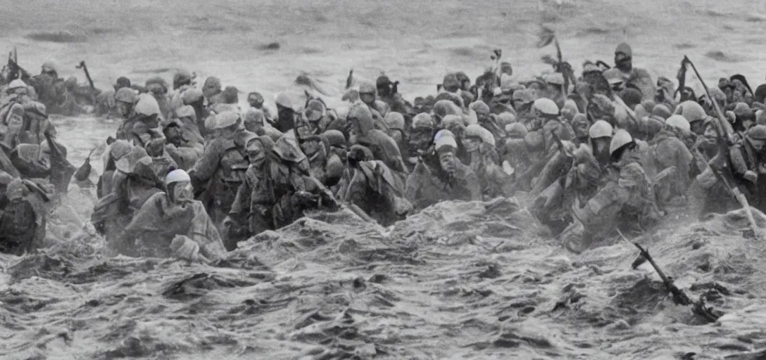 Image similar to the pope storming omaha beach during ww ii