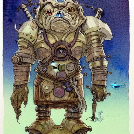 Image similar to a simple and atmospheric watercolour fantasy character concept art portrait of a mechanized android bulldog as a druidic warrior wizard looking at the camera with an intelligent gaze, very muted colors, by rebecca guay, michael kaluta, charles vess and jean moebius giraud