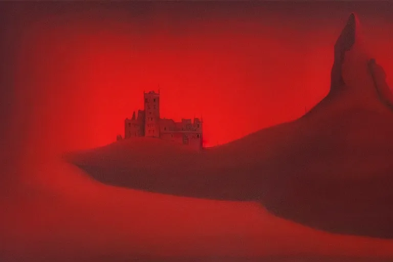 Prompt: only with red, in a red dream world, a crimson tiger, a big deal, a red fox, a castle in the background, in the style of beksinski, part by hopper, part by rodcenko, part by hofbauer, intricate composition, red by caravaggio, insanely quality, highly detailed, masterpiece, red light, artstation