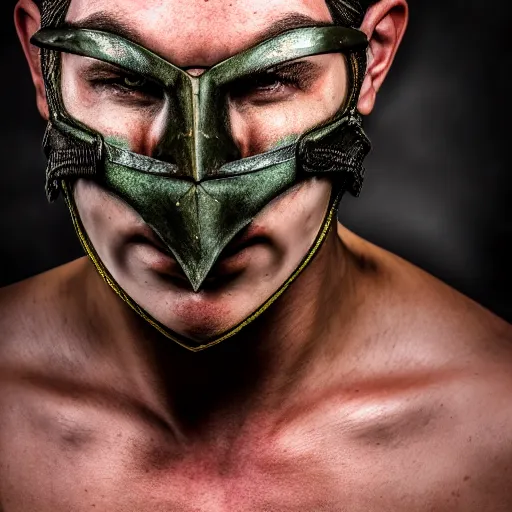 Image similar to portrait of a male warrior with split face mask,fantasy, D&D, HDR, natural light, dynamic pose, award winning photograph, 8k, Mucha style,