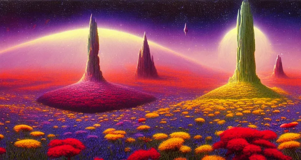 Image similar to a beautiful up close view of a 3 d mystical alien shrine in a field of multicolored colored flowers, underneath a star filled night sky, harold newton, zdzislaw beksinski, donato giancola, warm coloured, gigantic pillars and flowers, maschinen krieger, beeple, star trek, star wars, ilm, atmospheric perspective