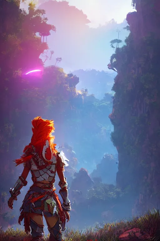 Image similar to combination suit armor aloy horizon forbidden west horizon zero dawn radiating a glowing aura global illumination ray tracing hdr fanart arstation by ian pesty and alena aenami artworks in 4 k tribal robot ninja mask helmet backpack