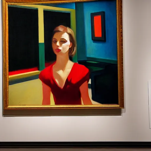 Image similar to a gorgeous woman with a black dress waiting inside a 9 0 s art gallery exhibition, colors americana, cinematic, volumetric lighting, ultra wide angle view, realistic, detailed painting in the style of edward hopper