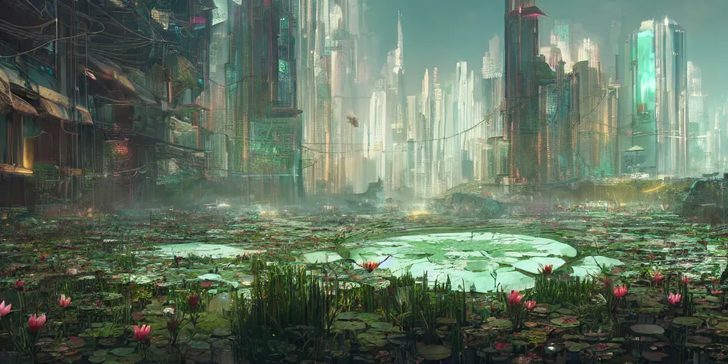 Image similar to fantasy cyberpunk lotus pond, concept art, render by octane and blender, hyper realistic, cinematic lighting, unreal engin 5, by krenz cushart, 8 k, vray render, artstation, deviantart
