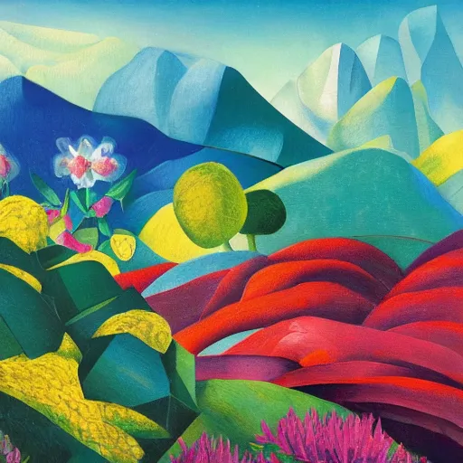 Image similar to mountain landscape in spring, flowers, teal landscape, dreamy light, sunny complementary palette, by and jacek yerga and tamara de lempicka and jesse king, pop surrealist, wiccan