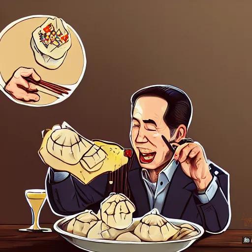 Image similar to happy biden eats dumplings, concept art, trending on artstation, highly detailed, intricate, sharp focus, digital art, 8 k