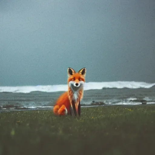 Prompt: Anthropomorphic fox in the middle of an old battlefield that is crumbling into a turbulent ocean, thunderstorm, 35mm picture