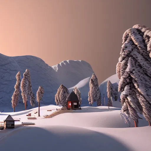 Prompt: a snowy village on mars, 8 k, highly detailed, unreal engine render