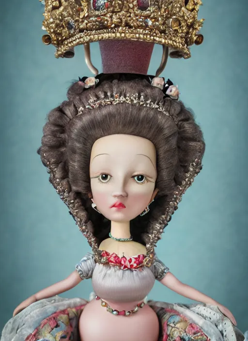 Image similar to closeup profile portrait of tin toy marie antoinette wearing a crown, bikini, depth of field, zeiss lens, detailed, symmetrical, centered, fashion photoshoot, by nicoletta ceccoli, mark ryden, lostfish, breathtaking, 8 k resolution, extremely detailed, beautiful, establishing shot, artistic, hyperrealistic, octane render