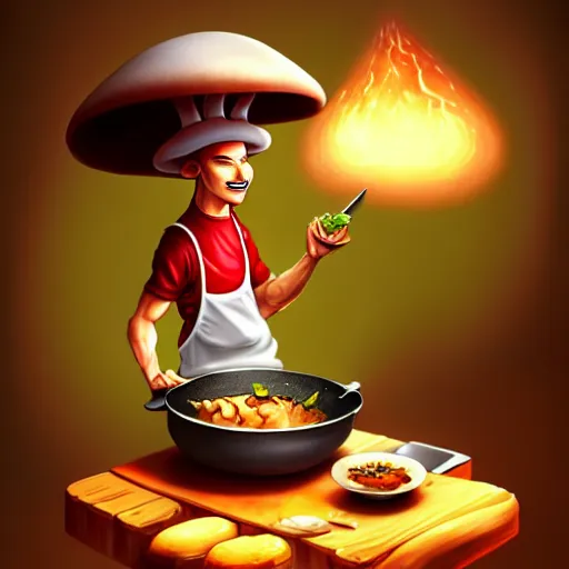 Image similar to a mushroom chef cooking a meal, fantasy illustration, detailed digital painting, trending on artstation