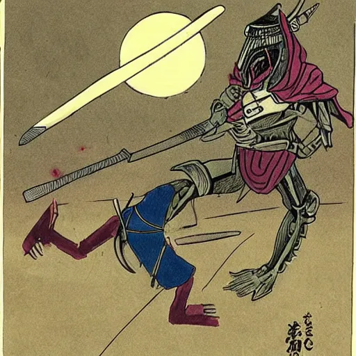 Image similar to old alien samurai attacking with his sword