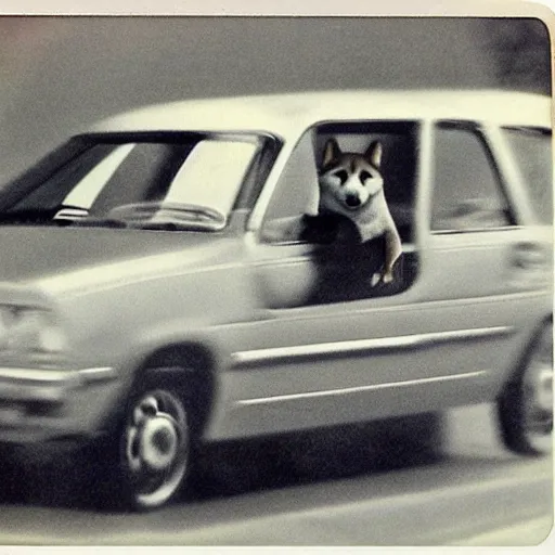 Prompt: cartoon of a shiba inu driving a car, 1977 picture, polaroid, nostalgic feeling