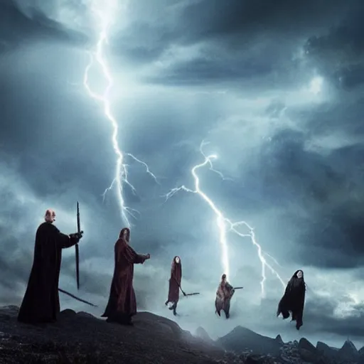 Prompt: “ the last battle of voldemort and harry potter, scenic, scary, 4 k, lightning in sky ”