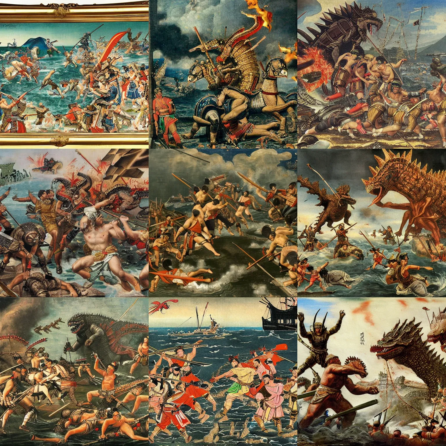 Prompt: historical painting depicting the romans fighting against godzilla in ancient japan, realistic, high definition, detailed