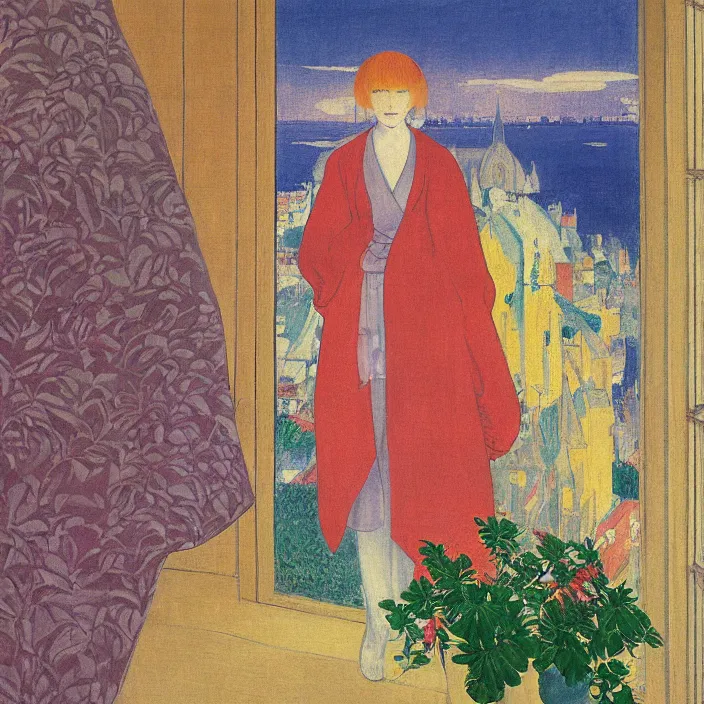 Image similar to portrait of woman in colorful kimono, white cat and house plant with city with gothic cathedral seen from a window frame with curtains. thunderstorm. agnes pelton, caspar david friedrich, bonnard, henri de toulouse - lautrec, utamaro, matisse, monet