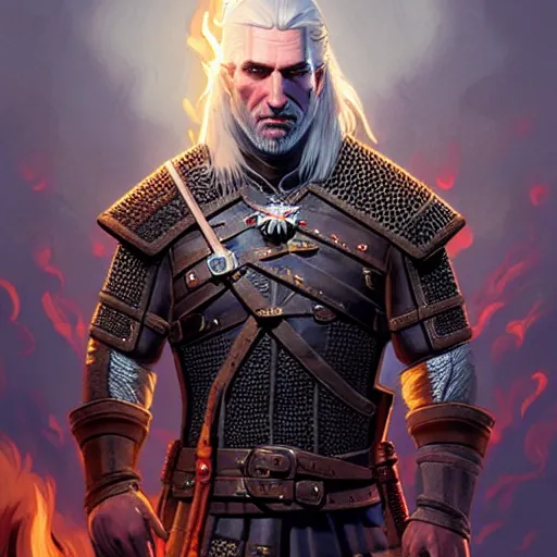 Prompt: geralt the witcher 3 sitting in the burning smoking fire at night beautiful warmth hot d & d fantasy intricate elegant highly detailed digital painting artstation concept art matte sharp focus illustration hearthstone art by artgerm art by greg rutkowski art by alphonse mucha