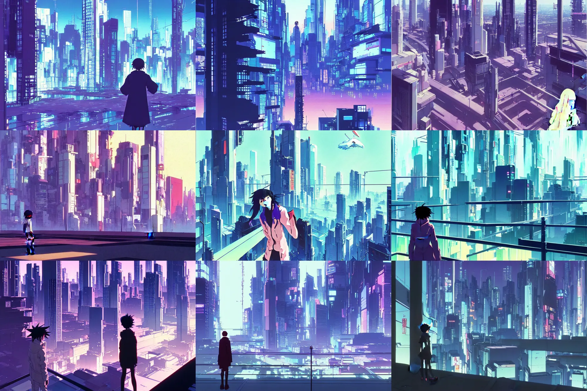 Prompt: glitch ghost in the shell flcl looking over the city of trees by makoto shinkai concept art by syd mead