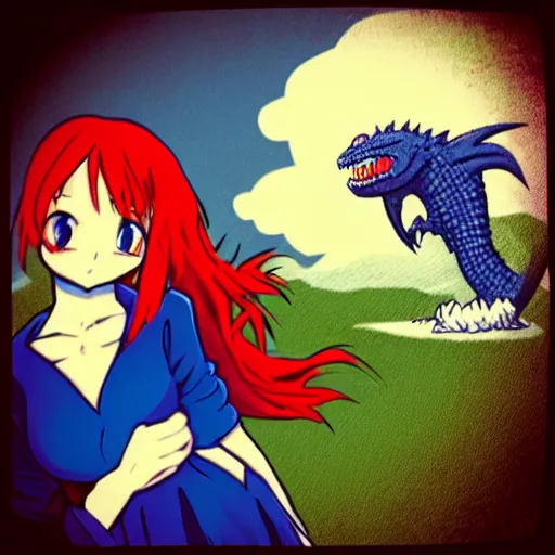 Prompt: “ red haired vampire maid yells at blue godzilla wearing a propeller hat anime artstyle ”
