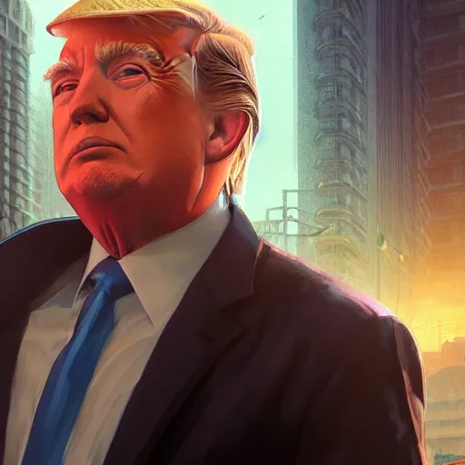 Image similar to highly detailed portrait, donald trump, in gta v, stephen bliss, unreal engine, fantasy art by greg rutkowski, loish, rhads, ferdinand knab, makoto shinkai and lois van baarle, ilya kuvshinov, rossdraws, tom bagshaw, global illumination, radiant light, detailed and intricate environment