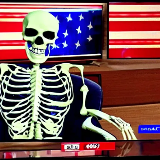 Prompt: skeleton watching election results on tv with his friends