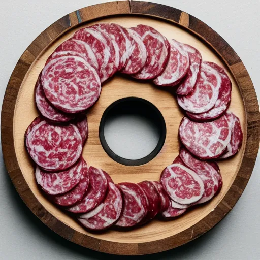 Prompt: a round bench made from salami, studio photography, white background, 5 0 mm