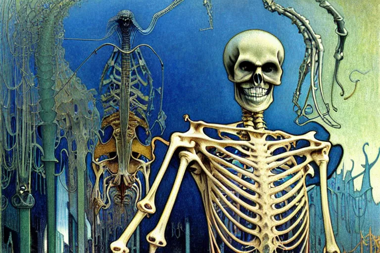 Prompt: realistic detailed closeup portrait painting of a single skeleton wearing a cape in a crowded futuristic street by Jean Delville, Amano, Yves Tanguy, Alphonse Mucha, Ernst Haeckel, Edward Robert Hughes, Roger Dean, rich moody colours, blue eyes