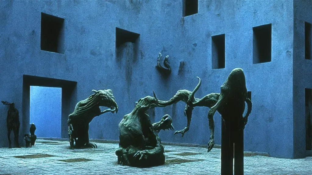 Prompt: the square creature in courtyard, made of blue liquid, surrounded by animals, film still from the movie directed by denis villeneuve and david cronenberg with art direction by salvador dali and zdzisław beksinski, wide lens