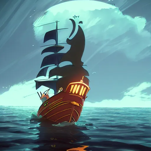 Image similar to a wholesome animation creative key shot of a black cat sailing a ship in the night, full shot, studio ghibli, pixar and disney animation, sharp, rendered in unreal engine 5, anime key art by greg rutkowski, bloom, dramatic lighting