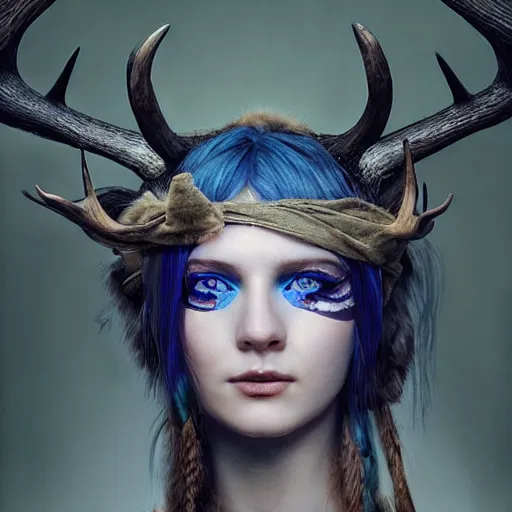 Image similar to A young female shaman, blue hair and antlers on her head. blindfolded, heilung, in the style of Heather Theurer, headshot photoshoot, insanely detailed and intricate, beautiful, elegant, cinematic toplight, portrait, headroom, artstation, karol bak