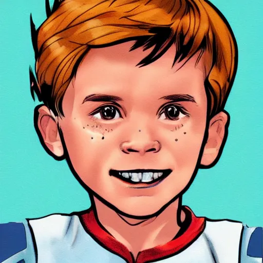 Prompt: comic book version of a little boy name dana with missing front tooth, full face portrait, marvel comic style