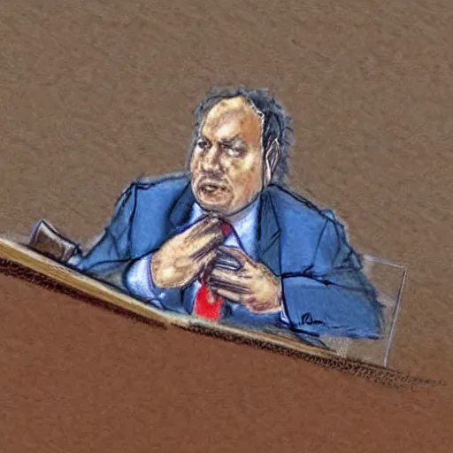 Prompt: bong testifying in court, courtroom sketch