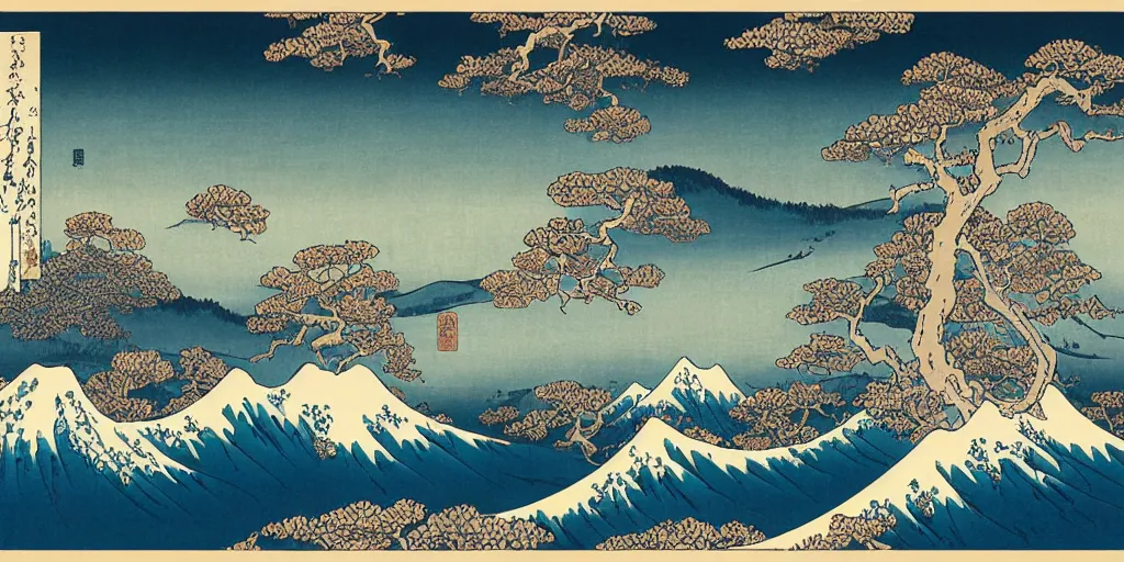 Prompt: beautiful idyllic poster illustration for a craggy snow valley national park, no trees, dragons in the sky, by hokusai