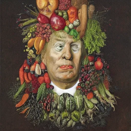 Prompt: donald trump portrait made by composition of fruit and vegetables by giuseppe arcimboldo